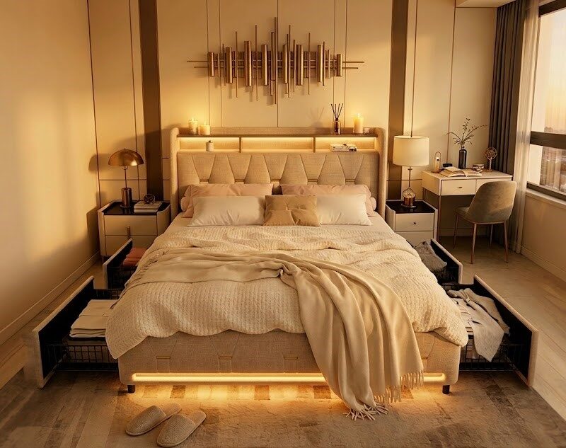 Lit Double Moderne Rembourré 140x200 / 160x200cm Cadre de Lit avec 4 Tiroirs de Rangement, Station de Charge USB & Type-C et Éclairage LED Bluetooth