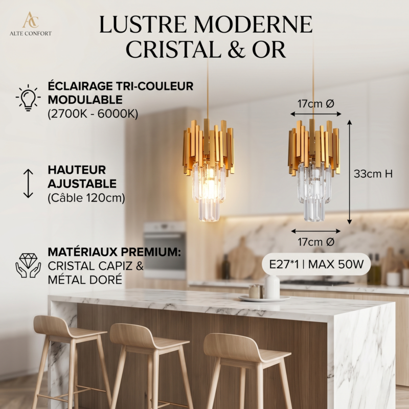 Lustre Suspendu Art Déco en Cristal et Métal Doré