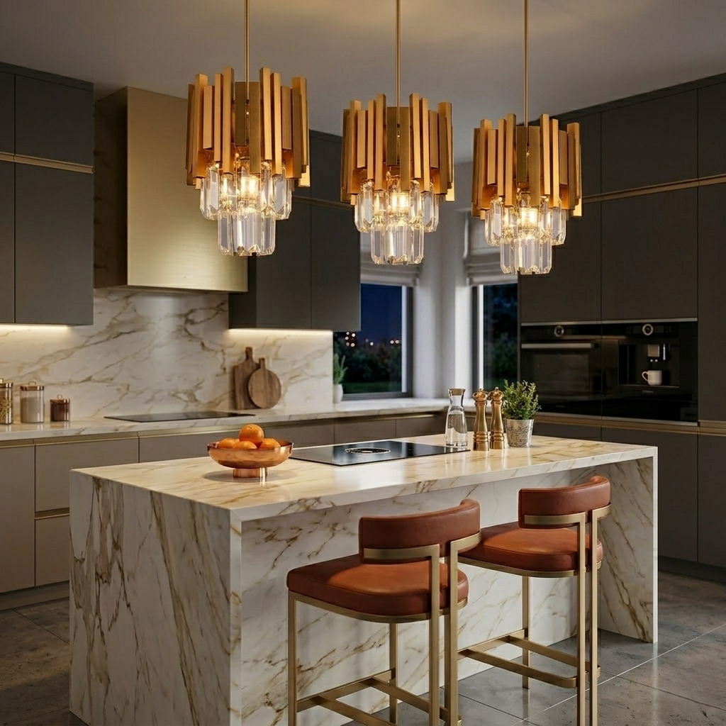 Lustre Suspendu Art Déco en Cristal et Métal Doré – Image 2