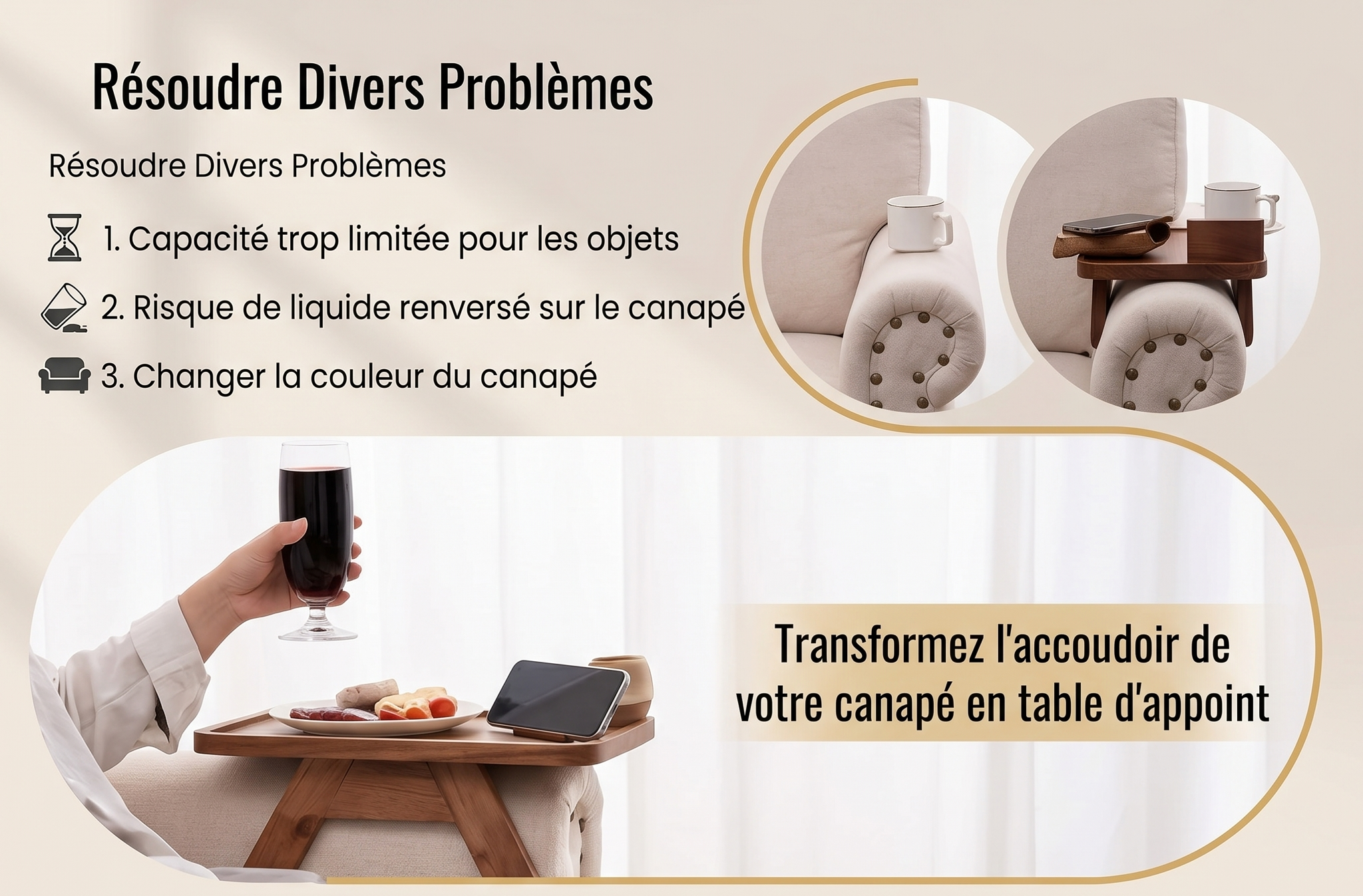 Tablette d'Accoudoir de Canapé 3-en-1 avec Porte-Gobelet 360° – Image 4