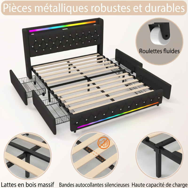 Lit Intelligent effet Lin avec Tiroirs, LED & Bluetooth