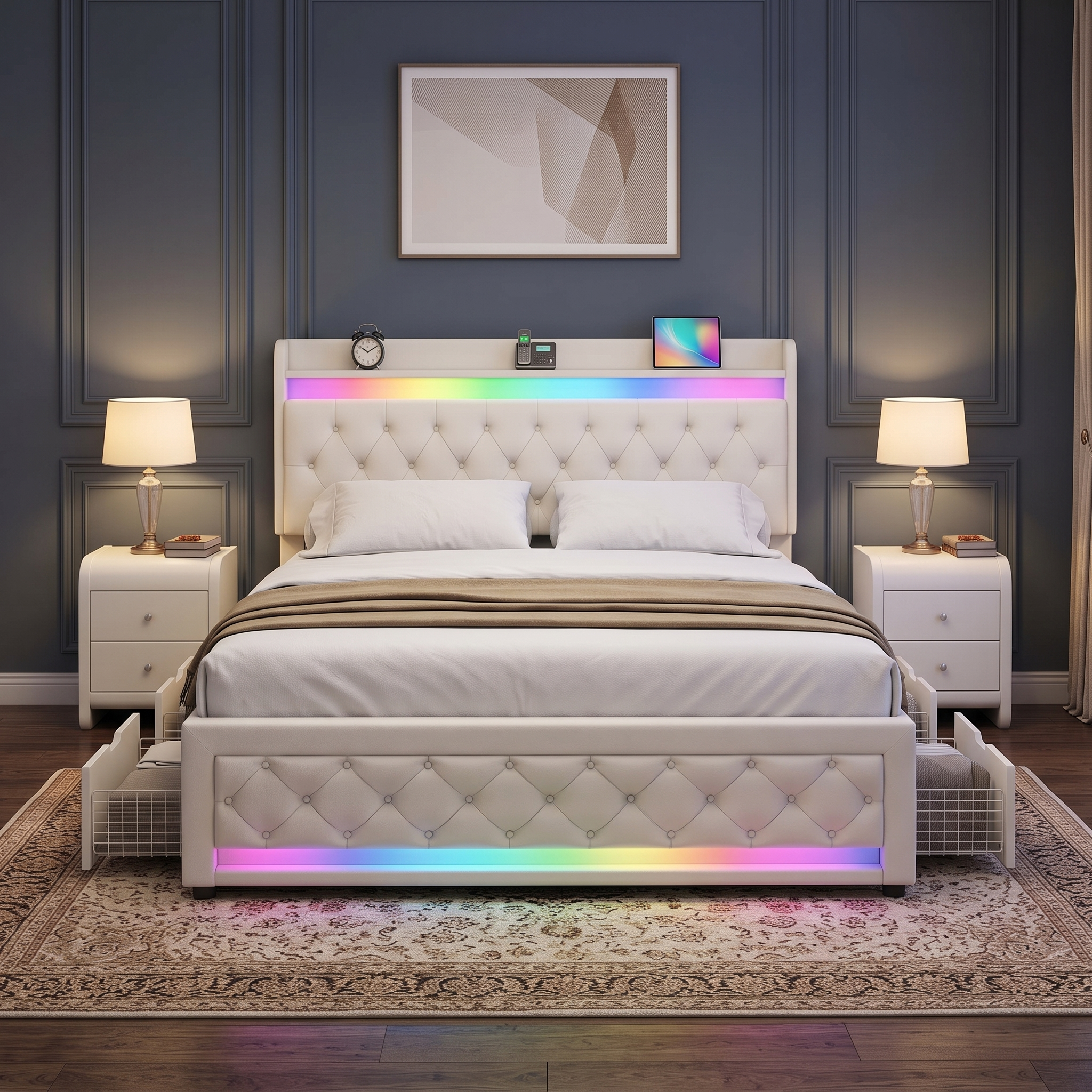 Lit connecté avec Tiroirs, LED & Bluetooth