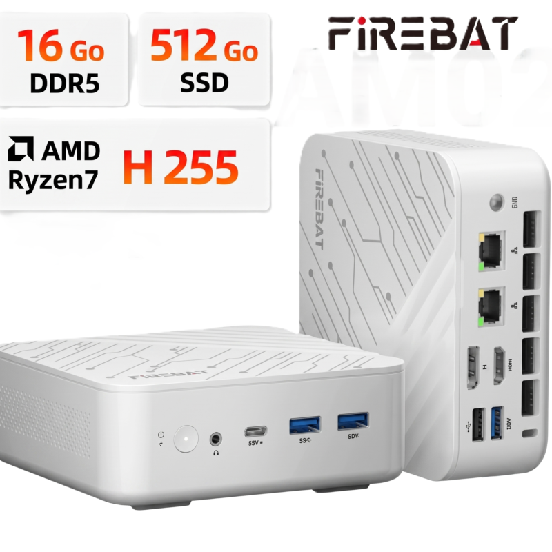 Mini PC Firebat AM02 Processeur AMD Ryzen 7 H255 16 Go de RAM DDR5,AMD Radeon 680M,SSD de 512 Go