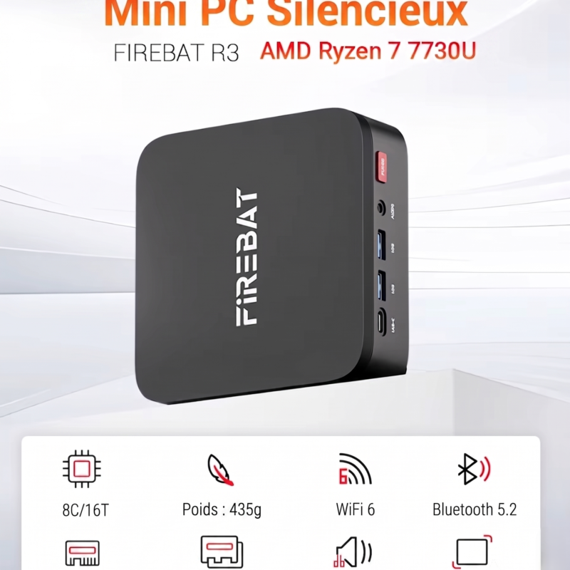 Mini PC de Bureau Firebat R3 SFF – Ryzen 7 7730U 16 Go 512 Go Idéal Télétravail et Bureautique..