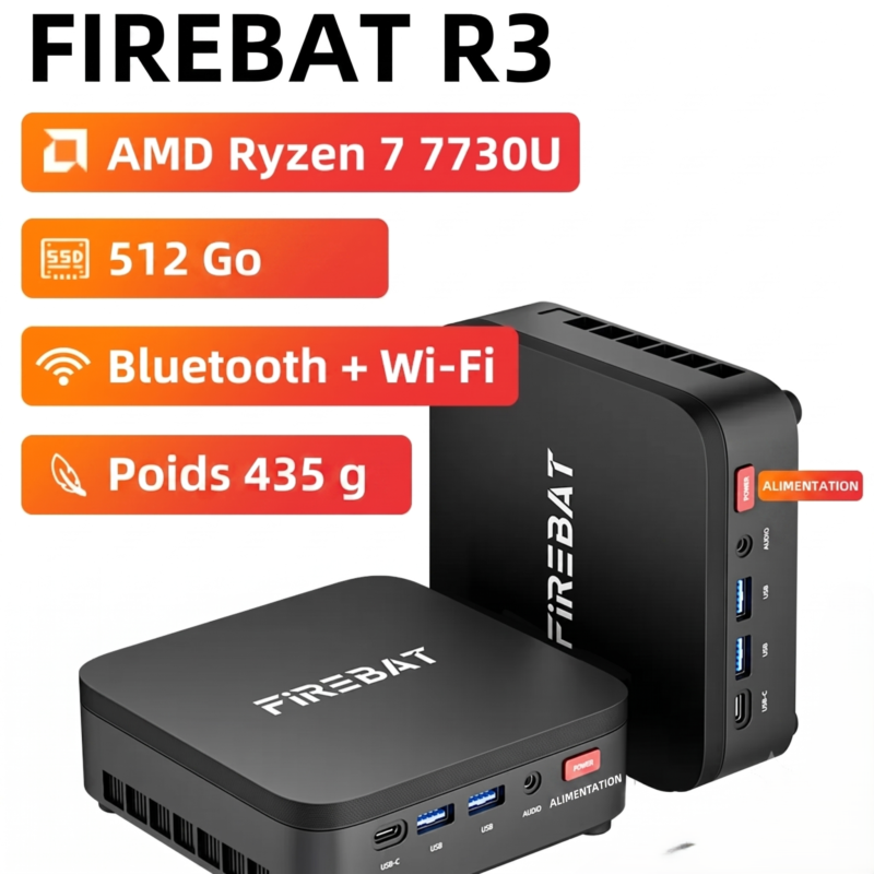 Mini PC de Bureau Firebat R3 SFF Ryzen 7 7730U 16 Go 512 Go Idéal Télétravail et Bureautique